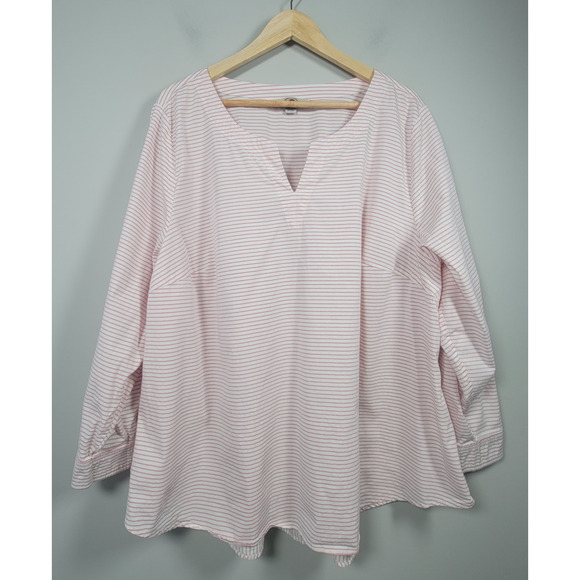 Lands End Popover Top Womens 2X Striped Blouse Cotton Poplin Long Sleeve Pink - Picture 1 of 13